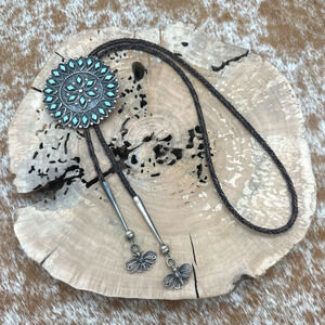 Sterling Bolo Tie With Native American ZUNI Turquoise Slide Filigree Butterflies